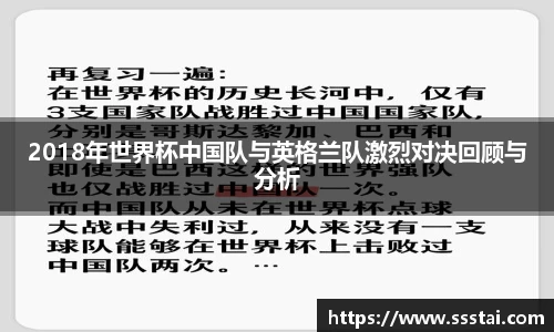 2018年世界杯中国队与英格兰队激烈对决回顾与分析